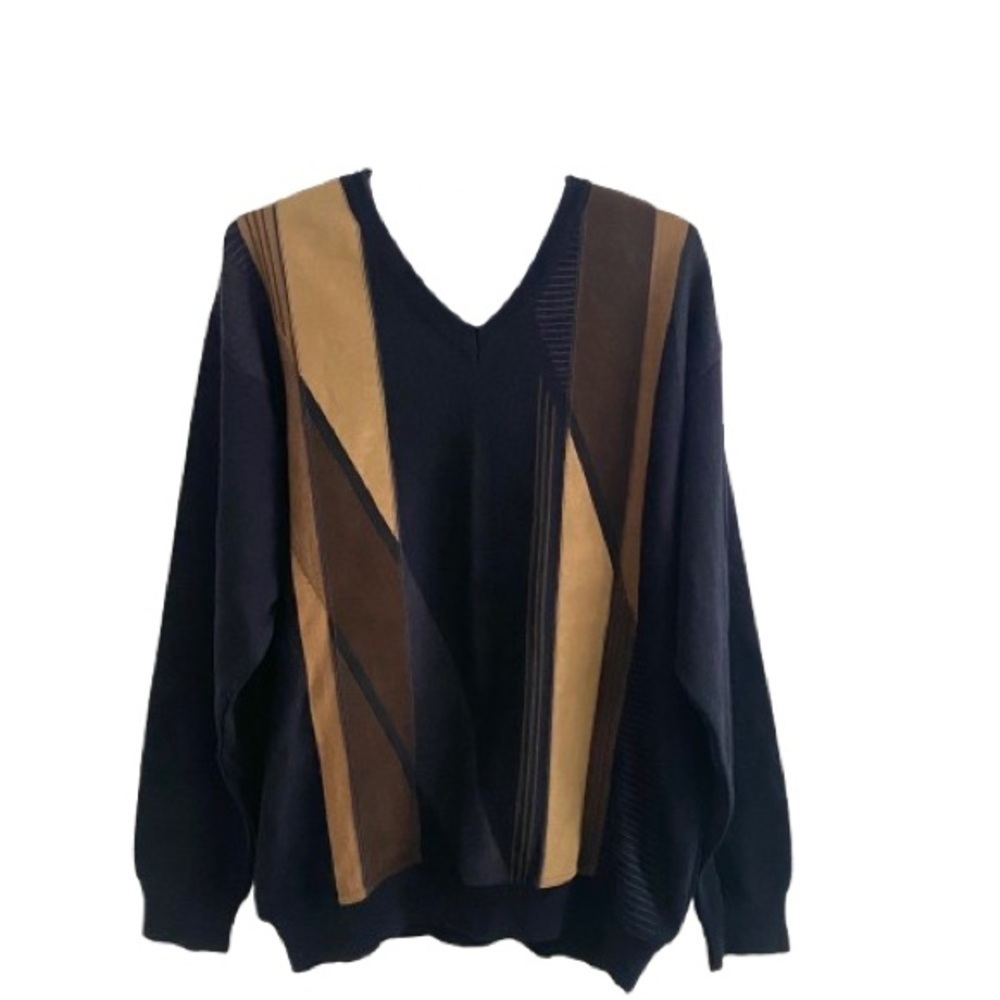 Vintage 1990s Y2K Graphic V Neck Wool Blend & Faux Suede Pullover Sweater Size L - Picture 2 of 11